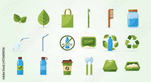 Ecofriendly lifestyle and zero waste concept collection of reusable items for sustainable living, such as toothbrush, soap, and water bottle