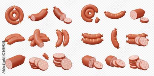 A collection of sausage illustrations, showcasing various arrangements and cuts on a transparent background.