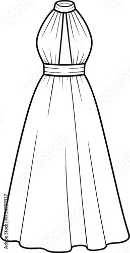 Technical fashion CAD illustration, women halter neck evening dress front and back view, pleated bodice design sketch, garment construction drawing, vector template