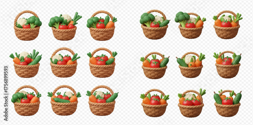 Collection of baskets filled with various vegetables, including tomatoes, carrots, broccoli, and cauliflower, arranged in rows on a transparent background.
