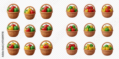 Baskets filled with colorful bell peppers, arranged in rows on a white background, creating a vibrant and organized display.