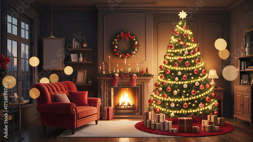 A christmas scene with a tree, fireplace, gifts, and a red sofa in a cozy decorated room setting