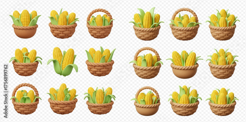 A collection of cartoon corn cobs in woven baskets, a harvest of yellow and green.