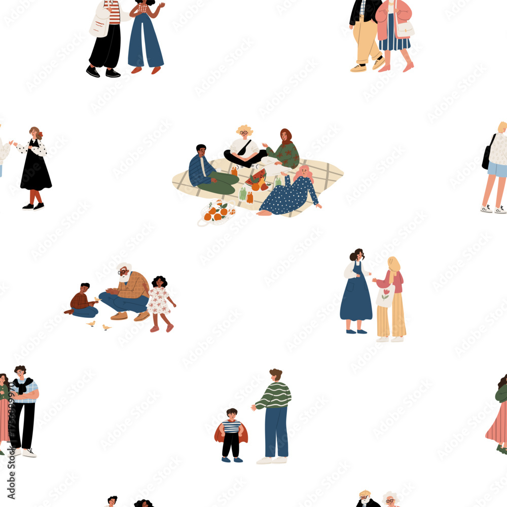 Naklejka premium seamless pattern with diverse people: White, Black, African American, Muslim, adults, seniors, kids, couples. Inclusive and multicultural. Flat vector illustration.