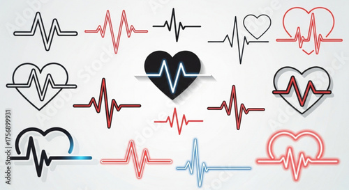 Heartbeat line collection set of heart pulse trace, cardiogram, and heart rate monitor symbols for medical design and healthcare concept