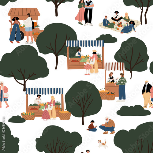 Illustration of seamless pattern with diverse people at farmers market in park — adults, kids, seniors, couples, picnic, stalls with produce, dog, trees, summer nature scene. Flat vector illustration.