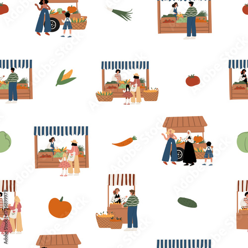 seamless pattern with multicultural people at farmers market — adults, kids, stalls, vegetables, Muslim woman, Black family, local produce, white background. Flat vector illustration.