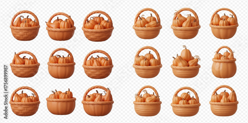 A collection of baskets filled with gourds, creating a visually appealing and abundant display.