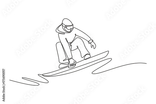 Continuous one line drawing guy wearing goggles, hoodie is snowboarding in low, crouched stance, extending hand to snow for balance. Dynamic flow. Single line draw design vector graphic illustration