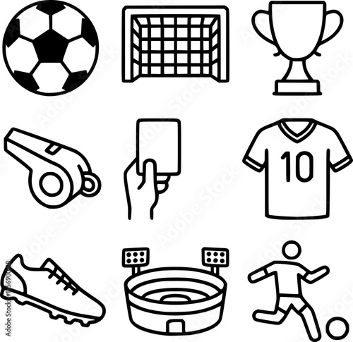 Black and white minimalist vector icon set of soccer symbols including ball, goal, trophy, whistle, jersey, shoe, stadium, and player action poses