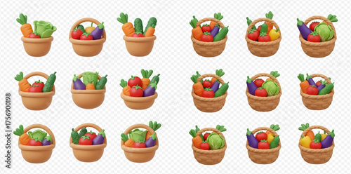 Collection of baskets filled with fresh vegetables, including tomatoes, carrots, eggplants, and cabbage.