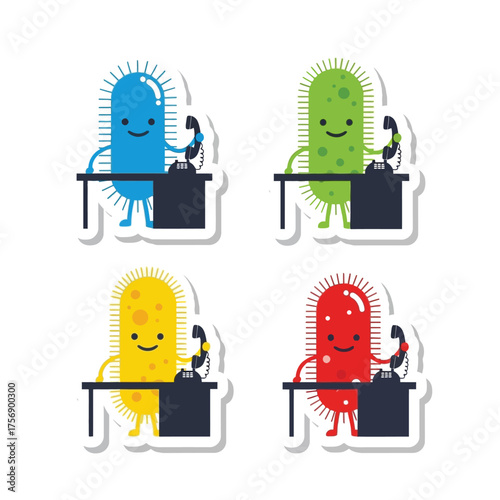 Four colorful cartoon bacteria characters working at desks, answering phones.