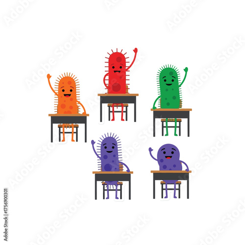Cartoon microorganisms sit at desks, raising hands, ready to learn.