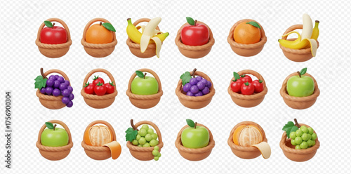 A collection of 3D rendered fruit baskets, each containing a different type of fruit, arranged in a grid pattern.