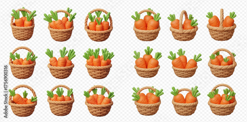 Collection of baskets filled with cartoon carrots, arranged in rows.