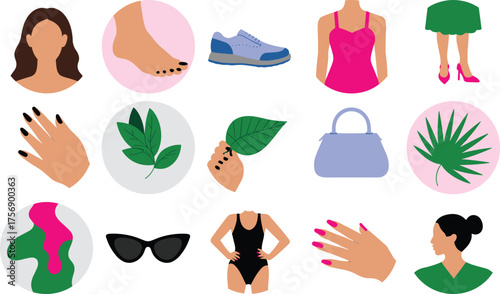 Vector fashion lifestyle collage illustration, women clothing accessories beauty elements, plant leaves handbag shoes sunglasses design, modern style flat icons