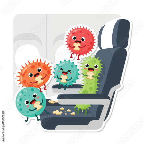 Cartoon germs are eating bread crumbs on an airplane seat near a window.