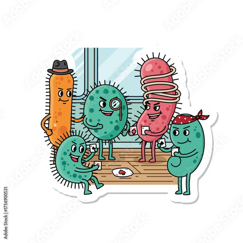 Cartoon bacteria characters are playing cards in a room, some wearing hats and monocles.