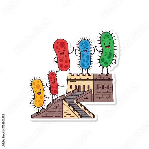 Cartoon bacteria characters happily climb and stand atop a section of the Great Wall of China.