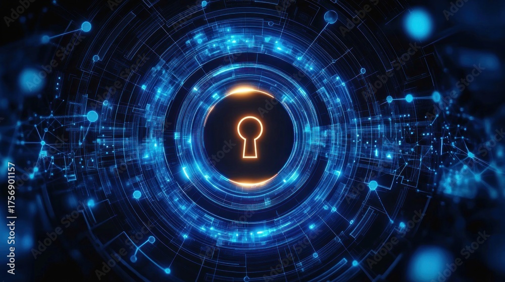 Obraz premium Glowing keyhole symbol at the center of a complex blue digital circuitry network representing cybersecurity and data protection