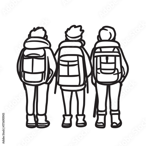 hand drawn vector illustration line art of enthusiastic hiking groups