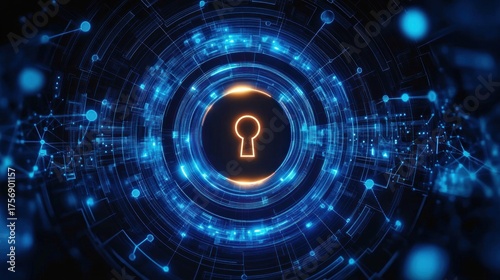 Glowing keyhole symbol at the center of a complex blue digital circuitry network representing cybersecurity and data protection