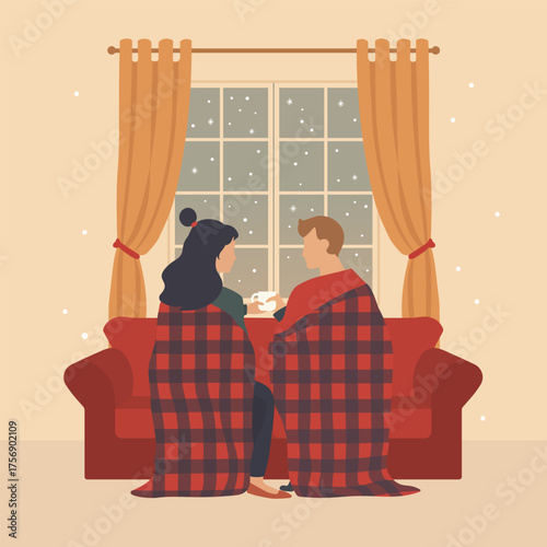 Cozy winter illustration of a couple sitting on a sofa, wrapped in a plaid blanket, enjoying hot drinks while snow falls outside the window. Warm, intimate atmosphere with soft colors