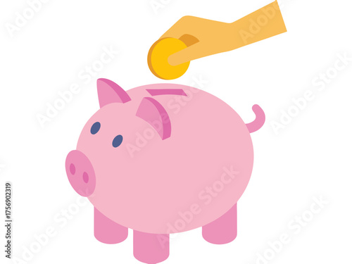 Vector illustration showing a person’s hand placing golden coins into a piggy bank, symbolizing savings, financial growth, and investment