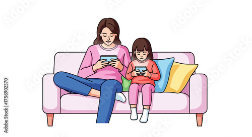 Mother and daughter engrossed in their digital devices while sitting on a comfortable sofa together
