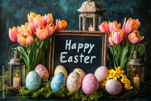 Colorful decorated Easter eggs arranged on moss with pink and orange tulips, yellow flowers, lanterns with lit candles, and a chalkboard sign reading Happy Easter