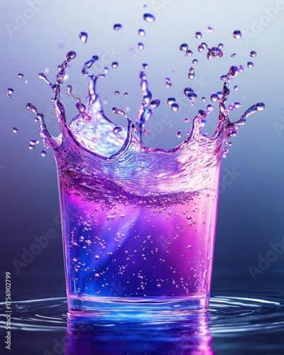 Glass filled with vibrant purple and blue liquid splashing upwards with water droplets captured mid-air against a gradient blue background