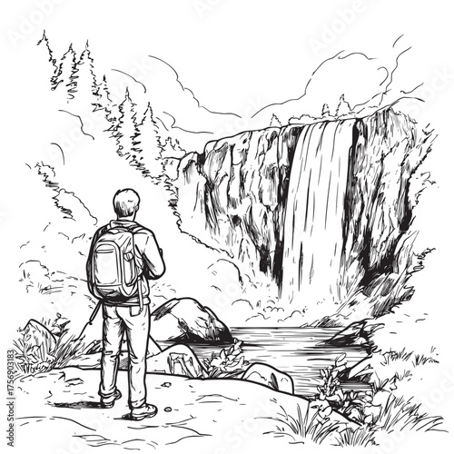 outline vector illustration of waterfall as a hiking destination