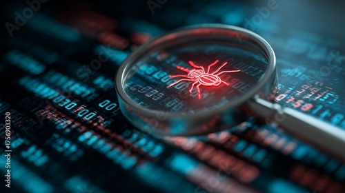 Close-up of magnifying glass focusing on a red stylized bug icon over digital binary code background, concept for cybersecurity awareness, malware detection and data protection.