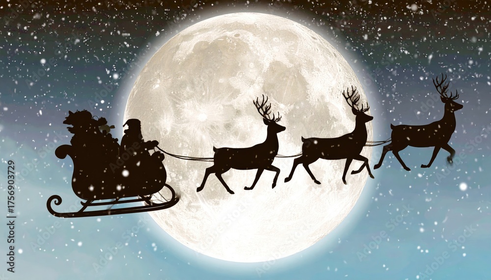 Naklejka premium Silhouette of Santa Claus on the sleigh pulled by reindeer flying in the moonlight 