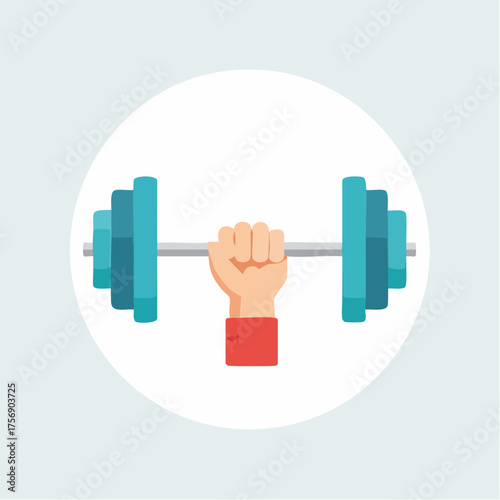 A stylized depiction of a hand gripping a barbell within a white circular frame