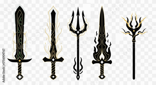 Collection of five stylized fantasy weapons, including swords, a trident, and a staff, all featuring black and glowing gold designs.