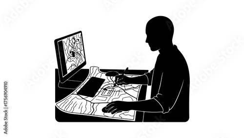 Digital artist working on computer with transparent background