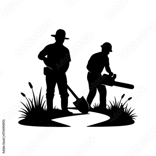 Landscapers working with shovel and chainsaw with transparent background