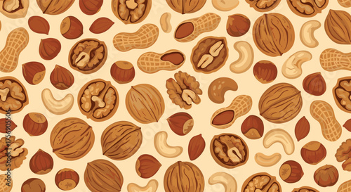 A vibrant seamless pattern featuring a delightful assortment of shelled and unshelled nuts.