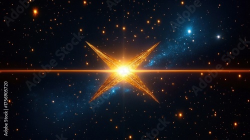 Fototapeta Naklejka Na Ścianę i Meble -  Bright golden star emitting radiant light beams in a star-filled deep space background with distant blue nebula and sparkling particles