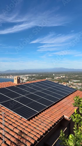 Solar batteries, cell panels or solar electric panels on house roof on cityscape, Mediterranean Sea bay view, Spain. Photovoltaic Solar array system, clean ecological electricity, Renewable energy.
