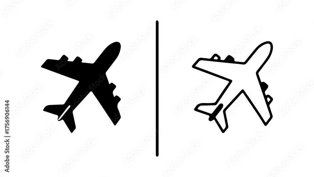 Fototapeta premium Airplane silhouette and outline with transparent background