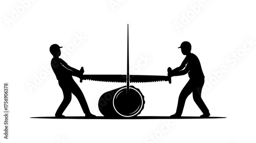 Two workers sawing a log with transparent background