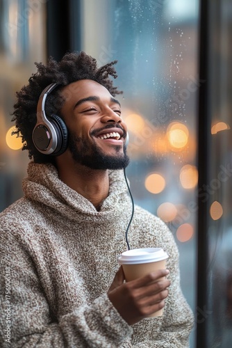 Happy young man wearing headphones and a cozy sweater smiling while holding a takeaway coffee cup near a rainy window with soft lights outside