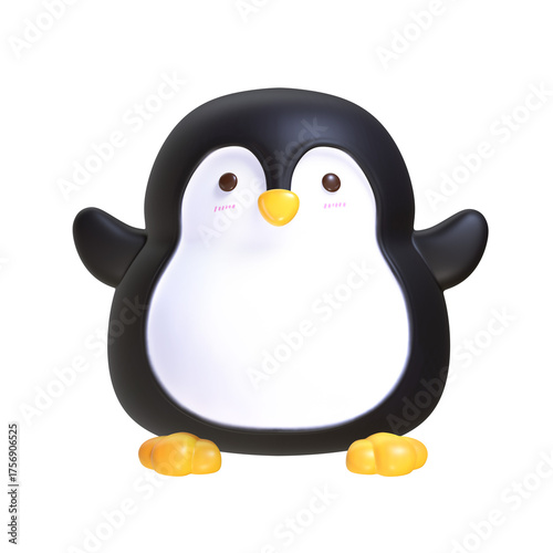 A 3D stylized chubby penguin with black and white coloring and yellow feet.
