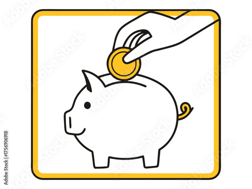 Vector illustration showing a person’s hand placing golden coins into a piggy bank, symbolizing savings, financial growth, and investment