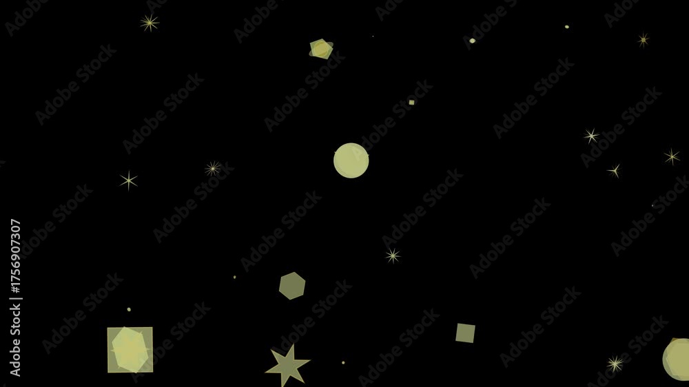 A dark background with scattered yellow geometric shapes and starbursts
