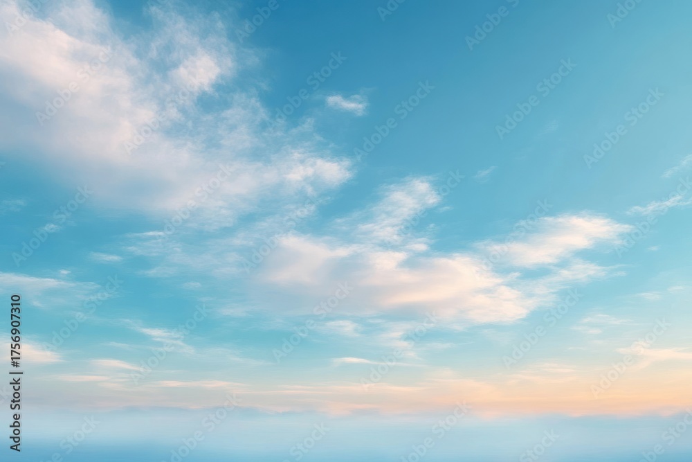 Obraz premium Expansive serene sky with scattered soft clouds at dawn or dusk over calm horizon
