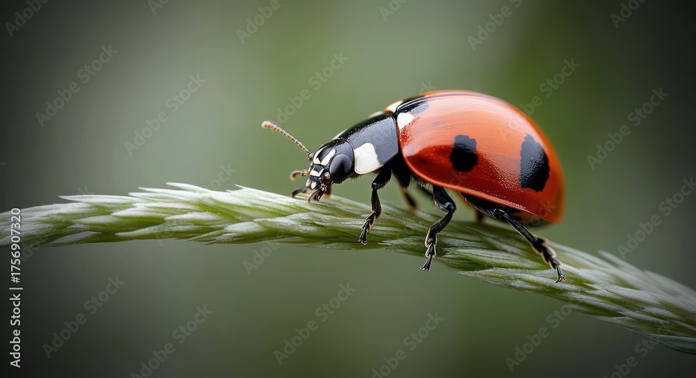 Obraz premium Close-up of a bright red and black ladybug walking on a green plant stem with a blurred natural background