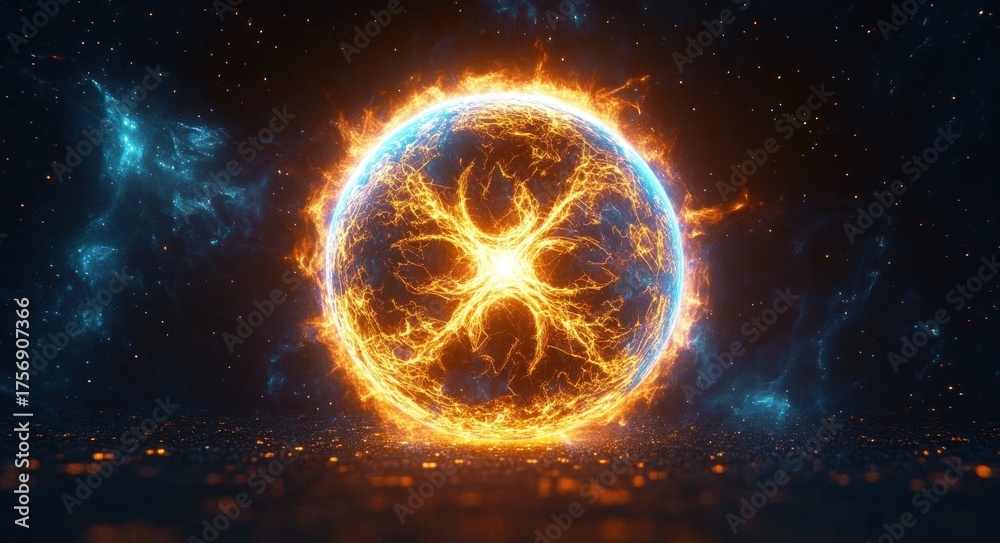 Fototapeta premium A glowing blue and orange fiery sphere with electric-like patterns floating in a dark cosmic space filled with distant stars and nebulas